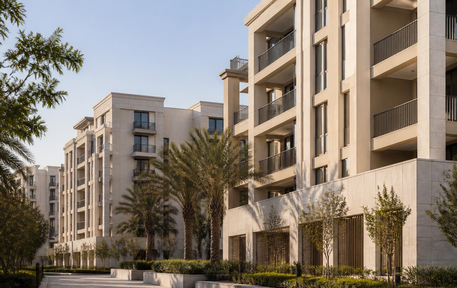 Moderne woongebouwen met palmbomen in een woonwijk van Abu Dhabi