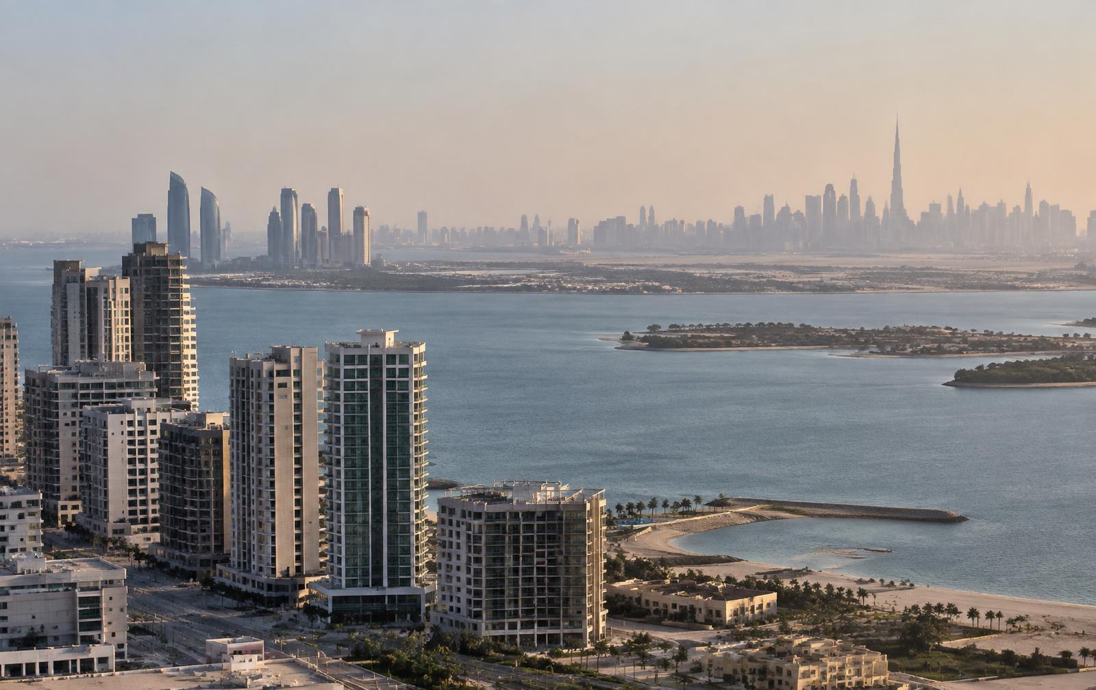 Waterfront en moderne woontorens in de Verenigde Arabische Emiraten