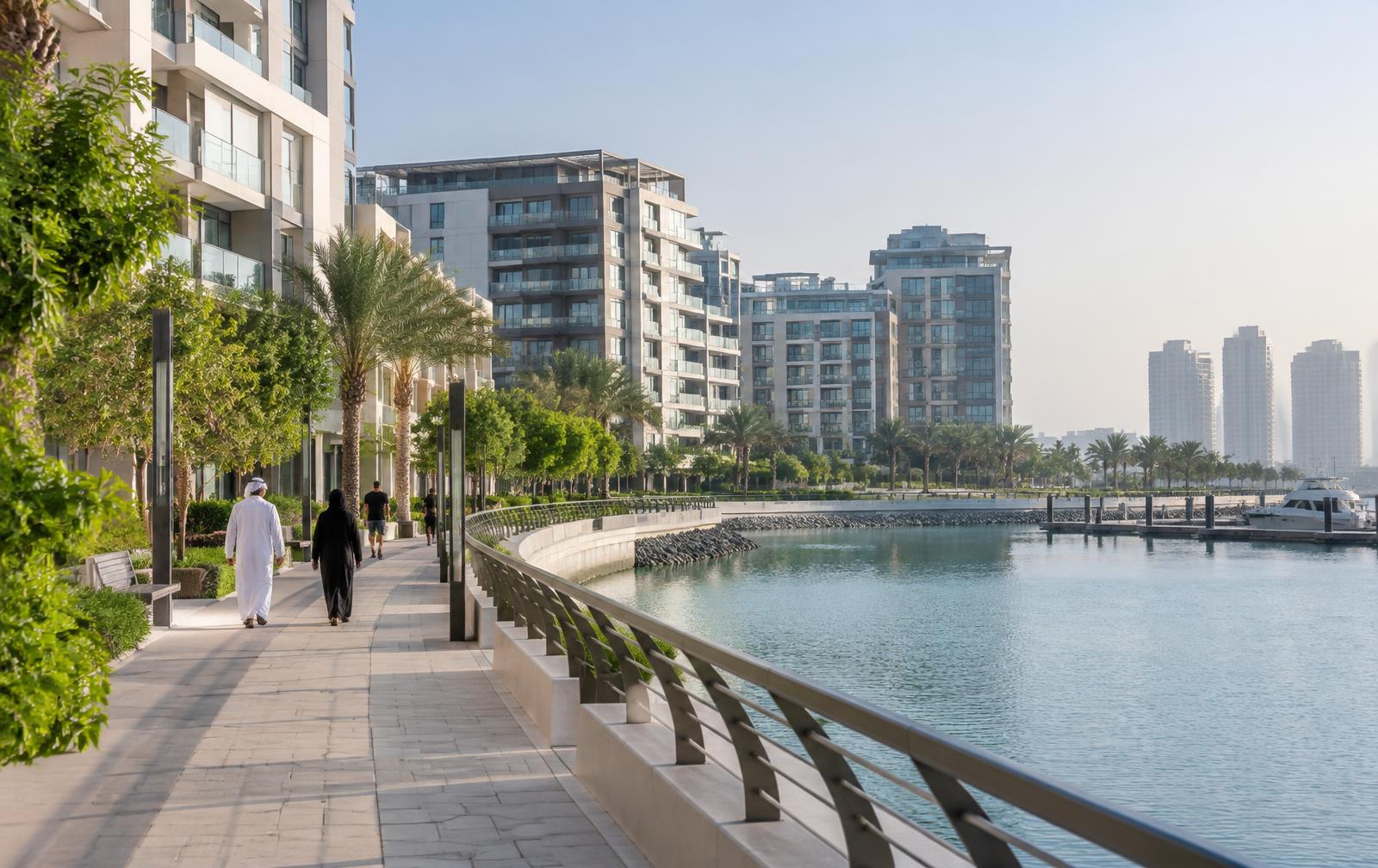 Bewoners wandelen langs moderne waterfront-appartementen in Abu Dhabi