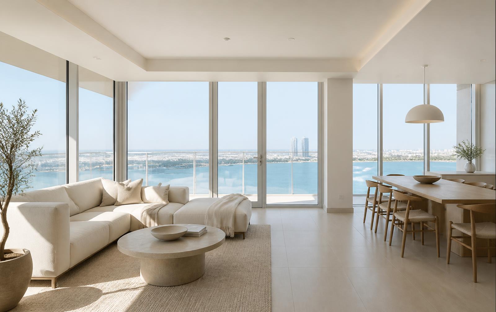 Licht interieur van een modern appartement in Abu Dhabi met zeezicht