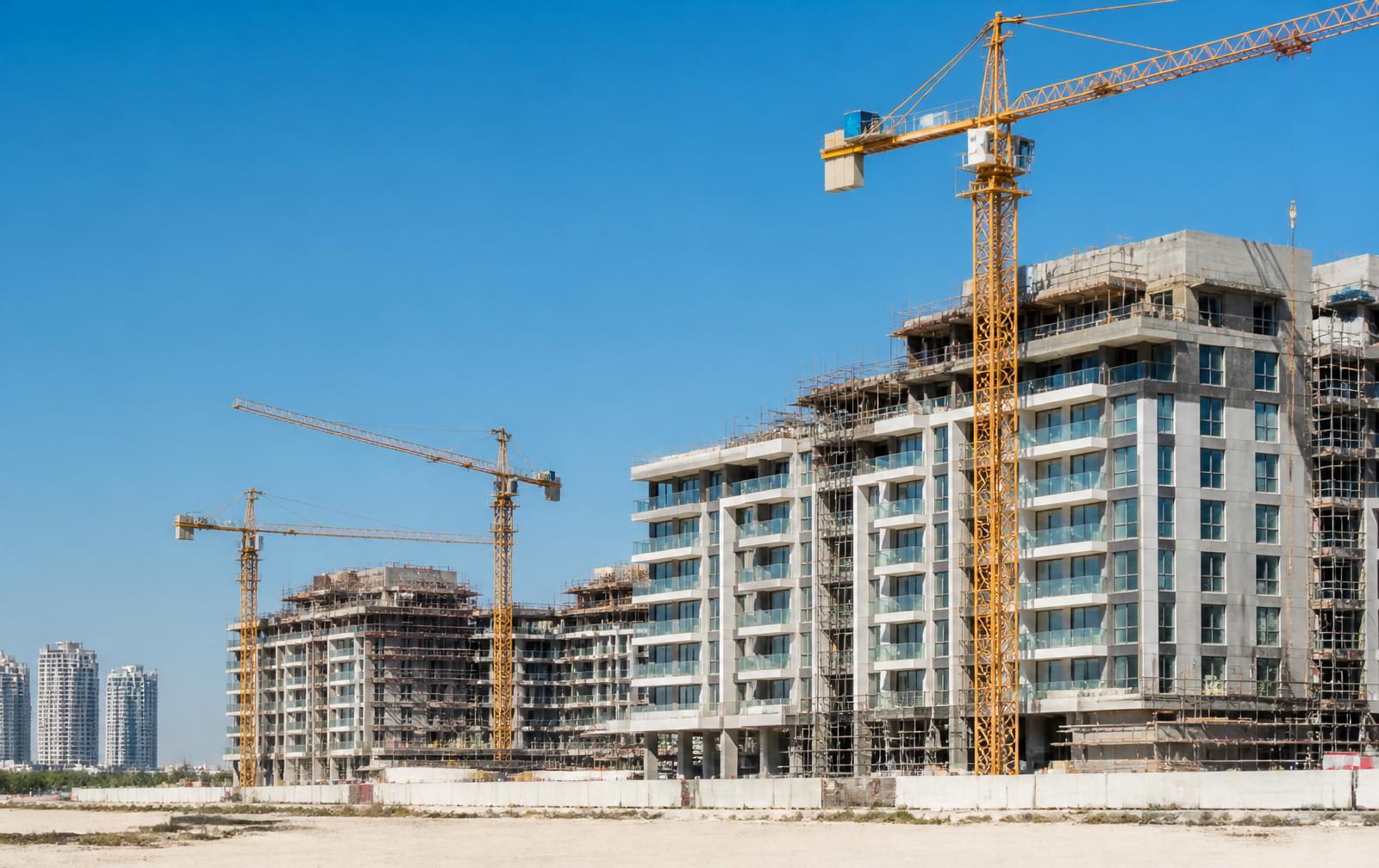 Nieuwbouwproject in aanbouw met bouwkranen in Abu Dhabi